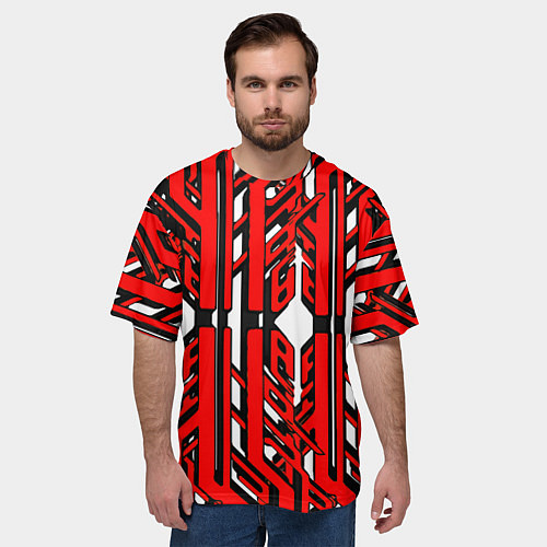 Мужская футболка оверсайз Чёрно-красные техно полосы на белом фоне / 3D-принт – фото 3