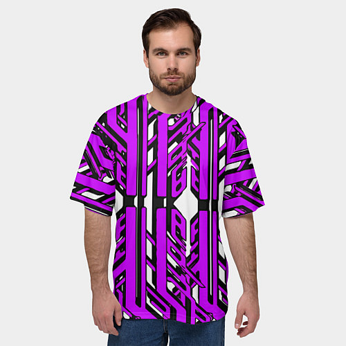 Мужская футболка оверсайз Чёрно-фиолетовые техно полосы на белом фоне / 3D-принт – фото 3