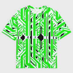 Мужская футболка оверсайз Бело-зелёные техно полосы на чёрном фоне