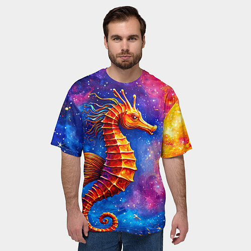 Мужская футболка оверсайз Морской конек в космосе / 3D-принт – фото 3