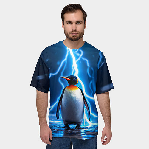 Мужская футболка оверсайз Пингвин удар молнии / 3D-принт – фото 3