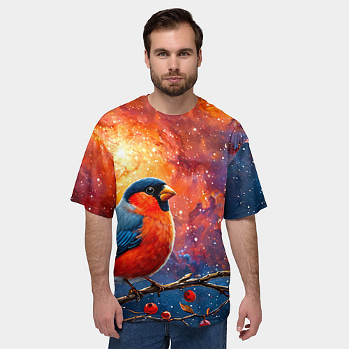 Мужская футболка оверсайз Снегирь и космос / 3D-принт – фото 3