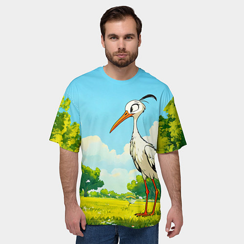 Мужская футболка оверсайз Аист в лесу / 3D-принт – фото 3