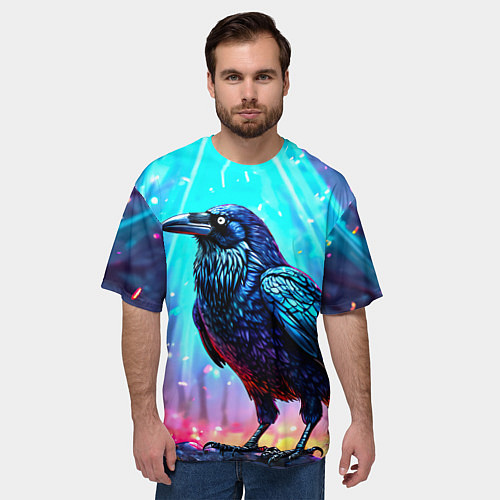 Мужская футболка оверсайз Черный ворон в неоне / 3D-принт – фото 3