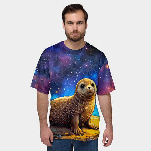 Мужская футболка оверсайз Тюлень в космосе / 3D-принт – фото 3