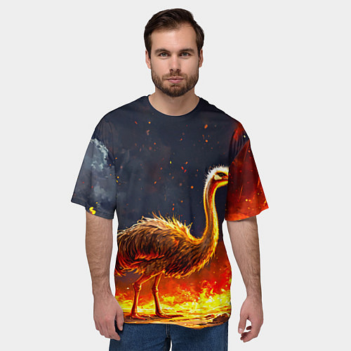 Мужская футболка оверсайз Страус эму в огне / 3D-принт – фото 3