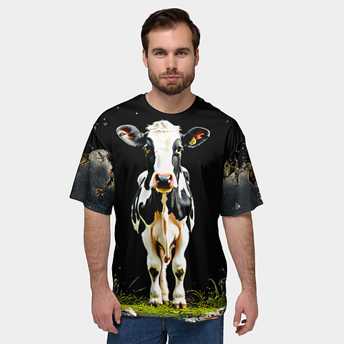 Мужская футболка оверсайз Корова на черном / 3D-принт – фото 3