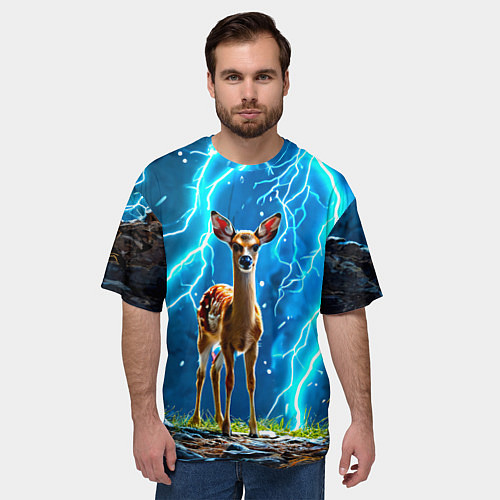 Мужская футболка оверсайз Олененок в разрядах молний / 3D-принт – фото 3