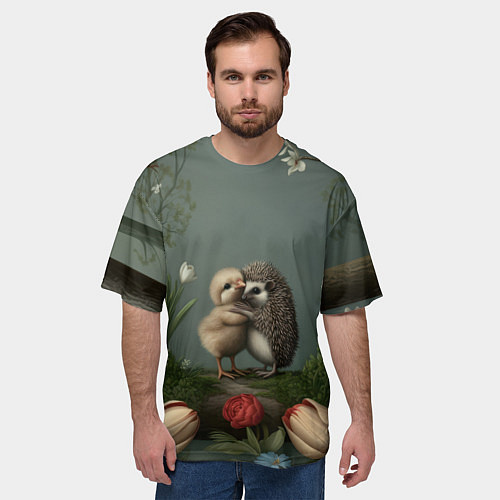 Мужская футболка оверсайз Ежик и цыпленок обнимаются / 3D-принт – фото 3