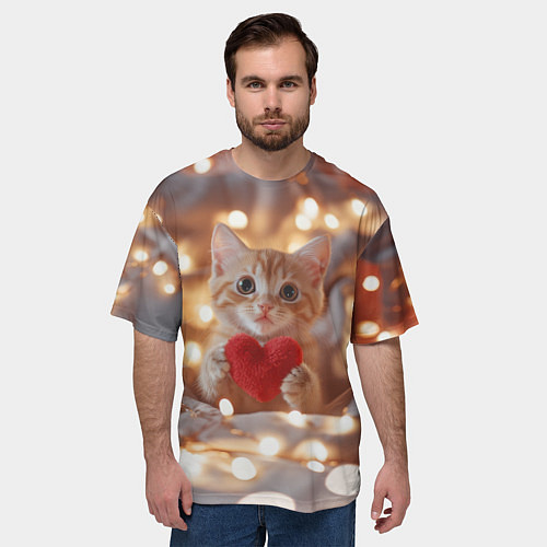Мужская футболка оверсайз Кошечка держит в лапках сердечко / 3D-принт – фото 3