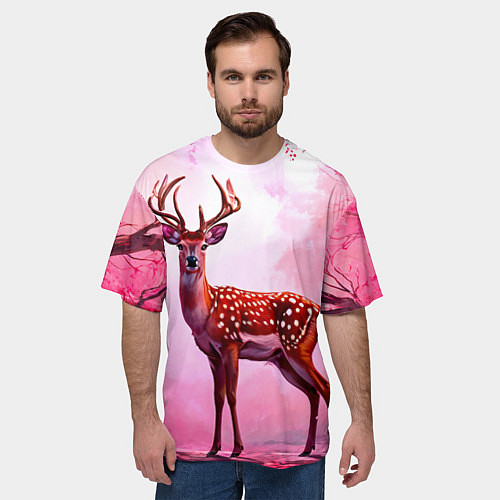 Мужская футболка оверсайз Олень в розовом свете / 3D-принт – фото 3