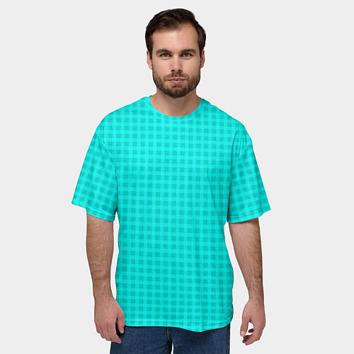 Мужская футболка оверсайз Неоновый голубой паттерн клетка / 3D-принт – фото 3