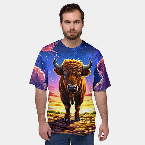 Мужская футболка оверсайз Буйвол в звездной ночи / 3D-принт – фото 3