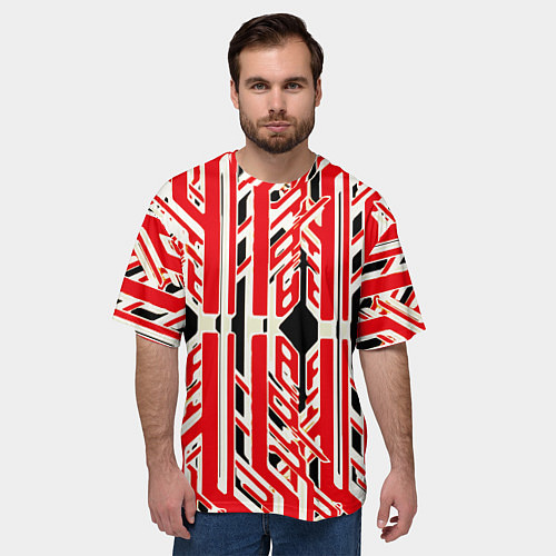 Мужская футболка оверсайз Бело-красные техно полосы на чёрном фоне / 3D-принт – фото 3