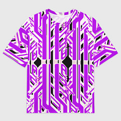 Футболка оверсайз мужская Бело-фиолетовые техно полосы на чёрном фоне, цвет: 3D-принт