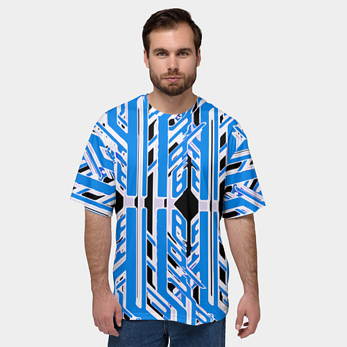 Мужская футболка оверсайз Бело-синие техно полосы на чёрном фоне / 3D-принт – фото 3