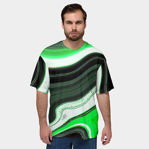 Мужская футболка оверсайз Волнистые горизонтальные чёрно-зелёные полосы на б / 3D-принт – фото 3