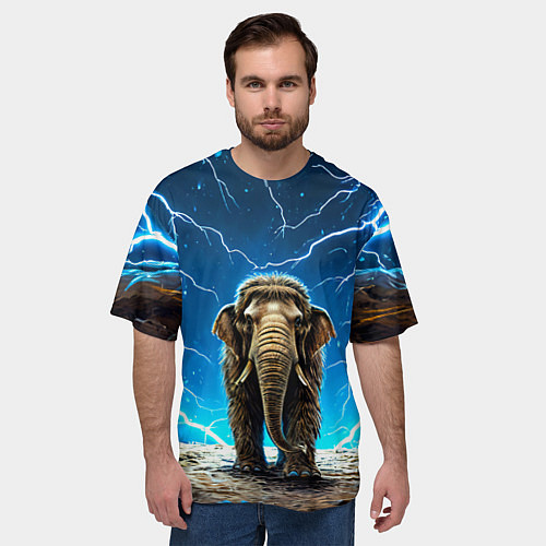 Мужская футболка оверсайз Мамонт и разряды молний / 3D-принт – фото 3