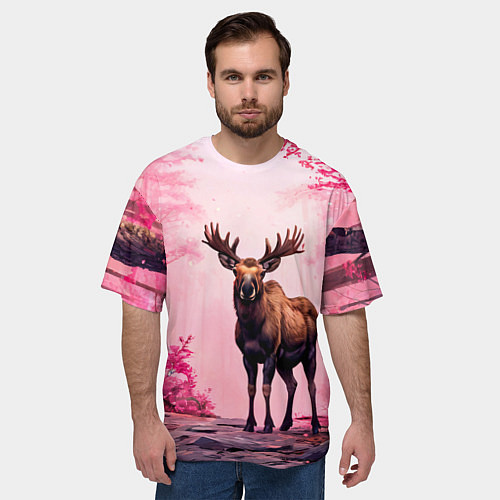 Мужская футболка оверсайз Лось в розовом лесу / 3D-принт – фото 3