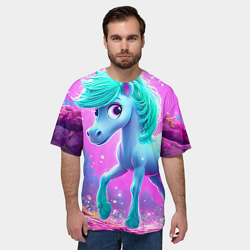 Мужская футболка оверсайз Бирюзовая лошадка / 3D-принт – фото 3