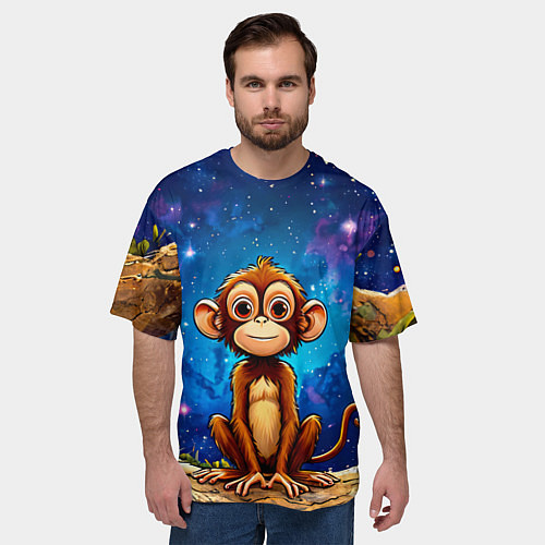 Мужская футболка оверсайз Обезьянка в звездную ночь / 3D-принт – фото 3