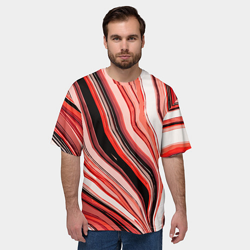Мужская футболка оверсайз Волнистые вертикальные чёрно-красные полосы / 3D-принт – фото 3