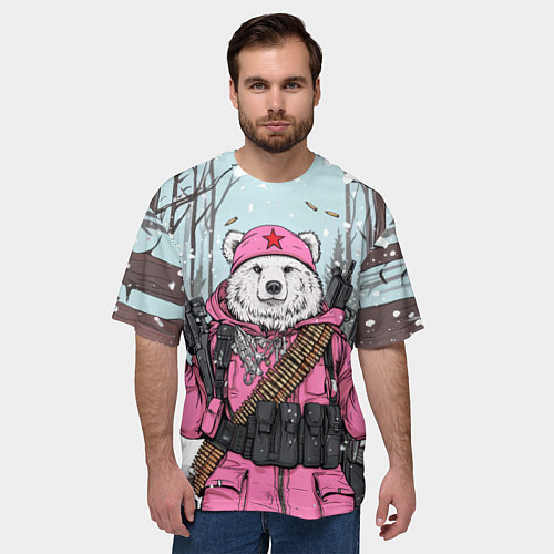 Мужская футболка оверсайз Русский медведь в розовой куртке / 3D-принт – фото 3