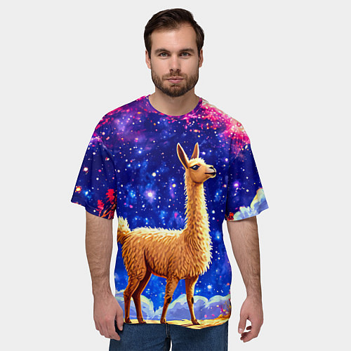 Мужская футболка оверсайз Лама и звездное небо / 3D-принт – фото 3