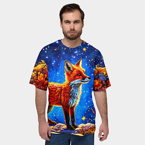 Мужская футболка оверсайз Лиса и звездное небо / 3D-принт – фото 3