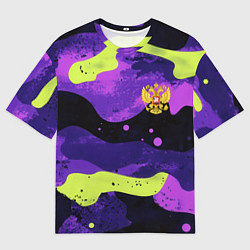 Футболка оверсайз мужская Черно-фиолетовый камуфляж и золотой герб РФ, цвет: 3D-принт