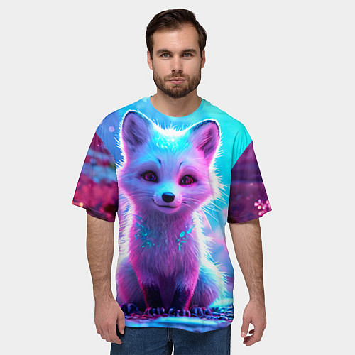 Мужская футболка оверсайз Песец в неоновом свете / 3D-принт – фото 3