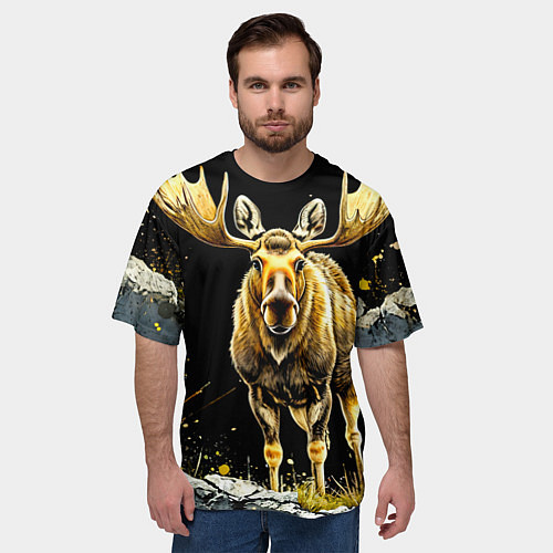 Мужская футболка оверсайз Лось на черном / 3D-принт – фото 3