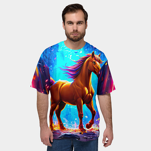 Мужская футболка оверсайз Лошадь в ярких лучах / 3D-принт – фото 3