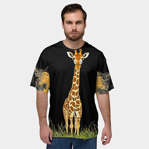 Мужская футболка оверсайз Жираф на черном / 3D-принт – фото 3