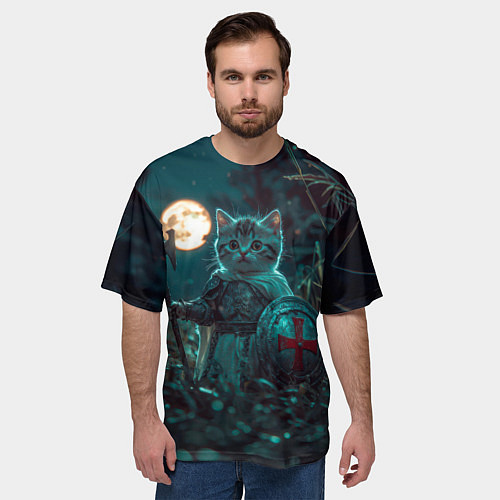 Мужская футболка оверсайз Котенок рыцарь с щитом / 3D-принт – фото 3