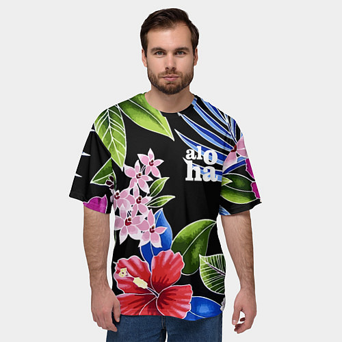 Мужская футболка оверсайз Tropical flowers - aloha / 3D-принт – фото 3