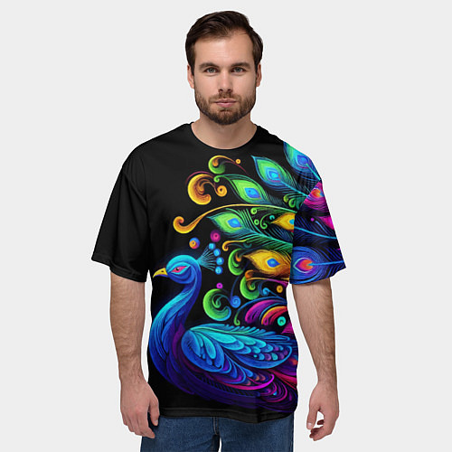 Мужская футболка оверсайз Neon peacock - art / 3D-принт – фото 3