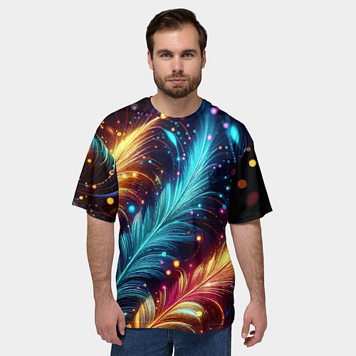 Мужская футболка оверсайз Неоновые разноцветные перья / 3D-принт – фото 3