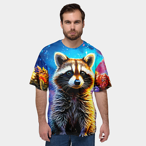 Мужская футболка оверсайз Енот в звездную ночь / 3D-принт – фото 3