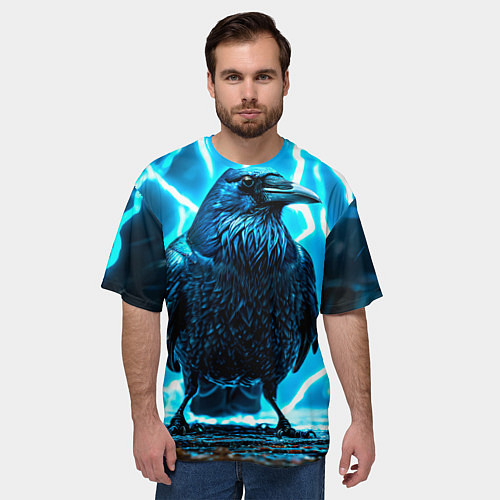 Мужская футболка оверсайз Черный ворон в разрядах молнии / 3D-принт – фото 3