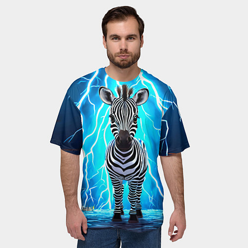 Мужская футболка оверсайз Зебра и удар молнии / 3D-принт – фото 3