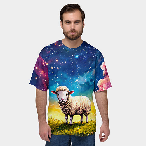 Мужская футболка оверсайз Овечка и звездное небо / 3D-принт – фото 3