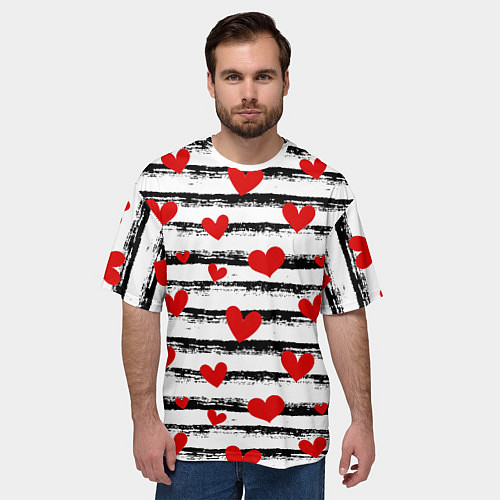 Мужская футболка оверсайз Паттерн с полосками и сердечками / 3D-принт – фото 3