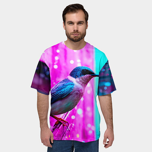 Мужская футболка оверсайз Ласточка на фиолетовой стене / 3D-принт – фото 3