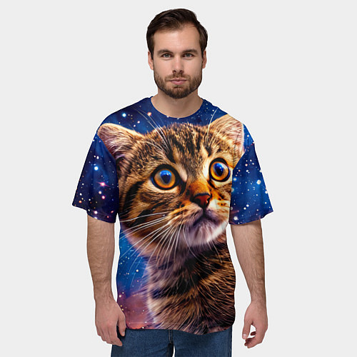 Мужская футболка оверсайз Шотландская прямоухая кошка в космосе / 3D-принт – фото 3