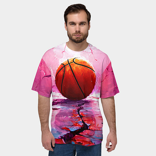 Мужская футболка оверсайз Баскетбольный мяч у розовой стены / 3D-принт – фото 3