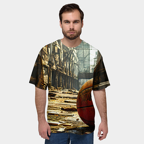 Мужская футболка оверсайз Баскетбольный мяч и город постапокалипсиса / 3D-принт – фото 3