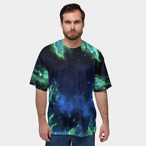 Мужская футболка оверсайз Зеленые языки пламени / 3D-принт – фото 3