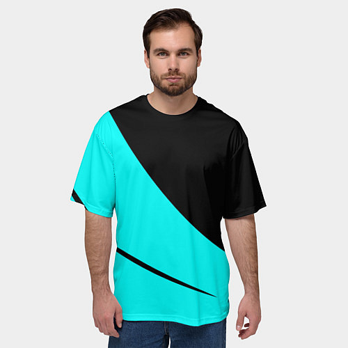 Мужская футболка оверсайз Чёрный и неоновый голубой двуцветный с полосой / 3D-принт – фото 3
