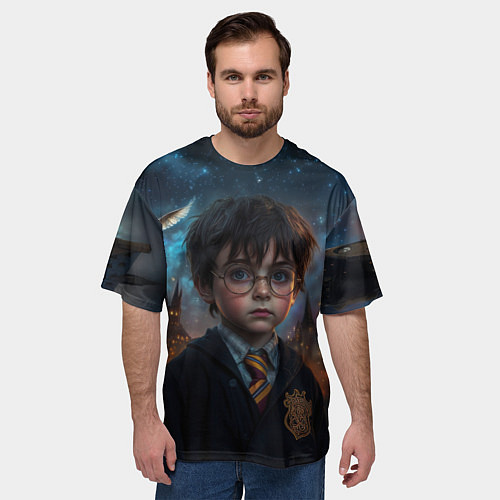 Мужская футболка оверсайз Гарри Поттер и замки на фоне / 3D-принт – фото 3